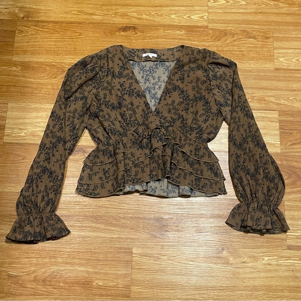 Baeverly by Wellmade USA Long Sleeve Floral Crop Top, Brown and Black, Large - Picture 2 of 8